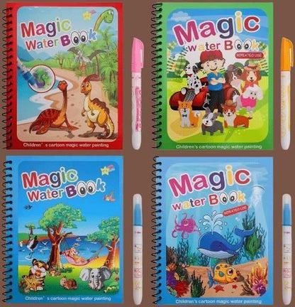 Reusable Magic Water Quick Dry Book | Water Coloring Book Doodle with Magic Pen Painting Board for Children Education Drawing Pad (Multi Color, 4 Books)