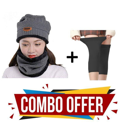 Eastern Club Winter Cap & Neck Scarf with 1 Pair Woolen Knee Cap for Unisex Combo